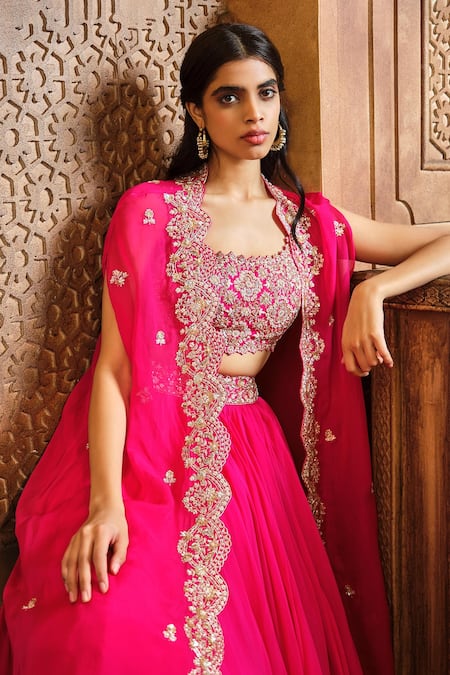 Buy_Aneesh Agarwaal_Pink Organza, Cotton Cut Work, Sequins Scoop Flower Embroidered Cape Lehenga Set _Online_at_Aza_Fashions