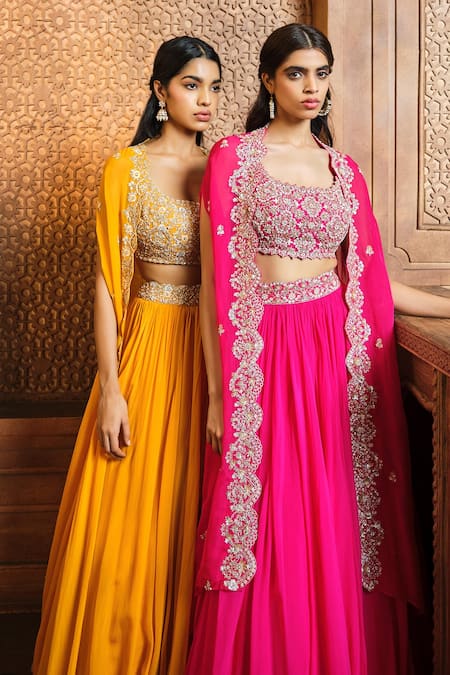 Shop Aneesh Agarwaal Yellow Organza, Linen Cut Work, Sequins Placement Embroidered Cape Lehenga Set Online at Aza Fashions Shop_Aneesh Agarwaal_Yellow Organza, Linen Cut Work, Sequins Placement Embroidered Cape Lehenga Set _Online_at_Aza_Fashions