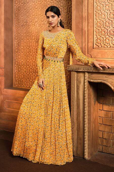 Buy Aneesh Agarwaal Yellow Chiffon, Organza, Linen Calico Flower Print Draped Anarkali With Belt Online at Aza Fashions Buy_Aneesh Agarwaal_Yellow Chiffon, Organza, Linen Calico Flower Print Draped Anarkali With Belt _Online_at_Aza_Fashions
