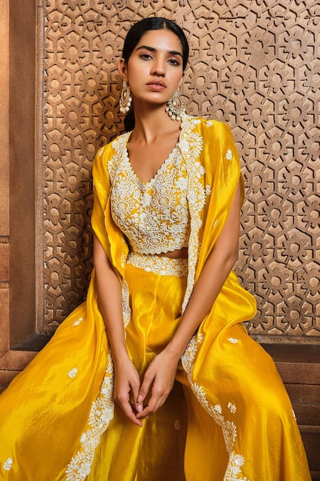 Aneesh Agarwaal Yellow Silk Organza, Linen Cut Work, Sequins, Scallop Border Cape Sharara Set Online at Aza Fashions Aneesh Agarwaal_Yellow Silk Organza, Linen Cut Work, Sequins, Scallop Border Cape Sharara Set _Online_at_Aza_Fashions