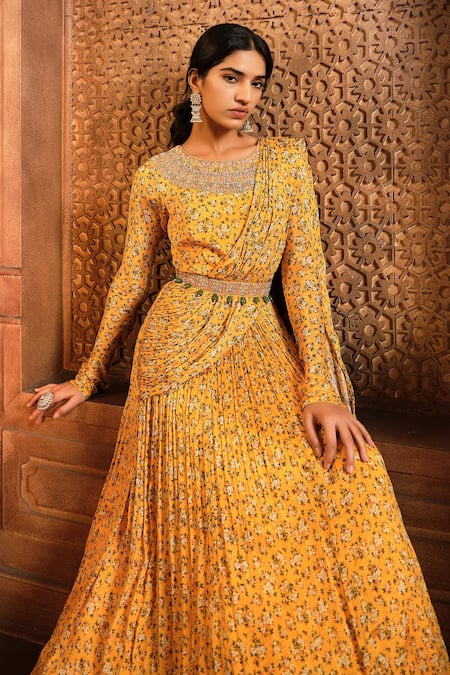 Shop Aneesh Agarwaal Yellow Chiffon, Organza, Linen Calico Flower Print Draped Anarkali With Belt Online at Aza Fashions Shop_Aneesh Agarwaal_Yellow Chiffon, Organza, Linen Calico Flower Print Draped Anarkali With Belt _Online_at_Aza_Fashions