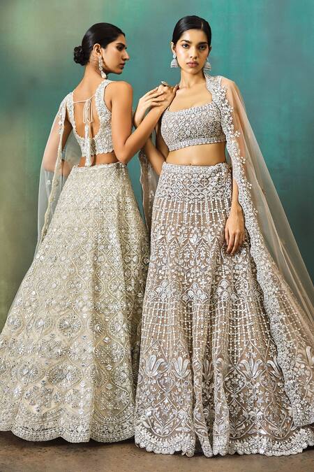 Aneesh Agarwaal_Beige Net, Linen Embroidery, Beads, Mirrors, Zari Scoop Gota Bridal Lehenga Set _Online_at_Aza_Fashions