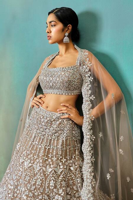Buy_Aneesh Agarwaal_Beige Net, Linen Embroidery, Beads, Mirrors, Zari Scoop Gota Bridal Lehenga Set _Online_at_Aza_Fashions