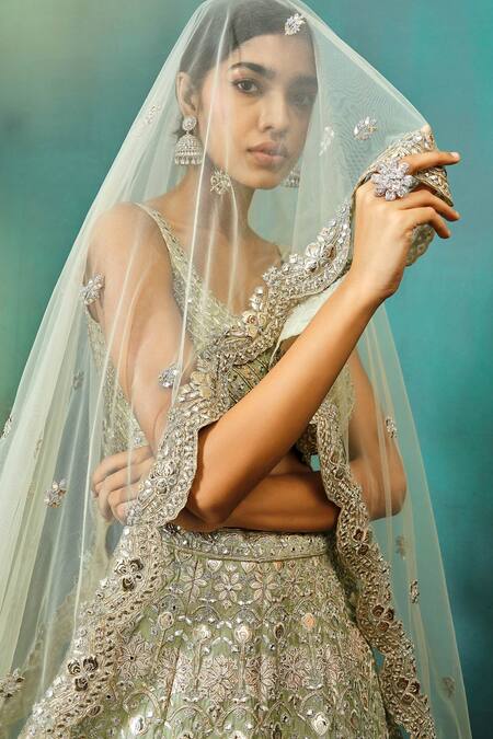 Shop Aneesh Agarwaal Green Net, Linen Embroidery, Sequins, Floral Applique Pattern Bridal Lehenga Set Online at Aza Fashions Shop_Aneesh Agarwaal_Green Net, Linen Embroidery, Sequins, Floral Applique Pattern Bridal Lehenga Set _Online_at_Aza_Fashions