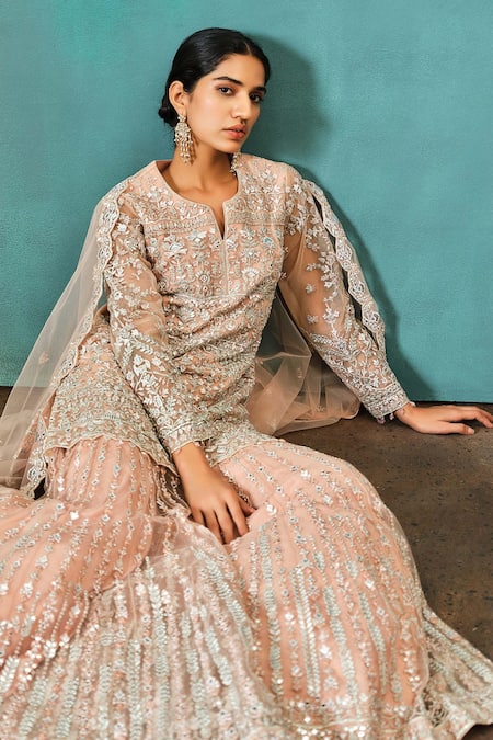 Aneesh Agarwaal_Peach Net Crystals, Beads, Zari, Embroidery Mirror Kurta Sharara Set _Online_at_Aza_Fashions
