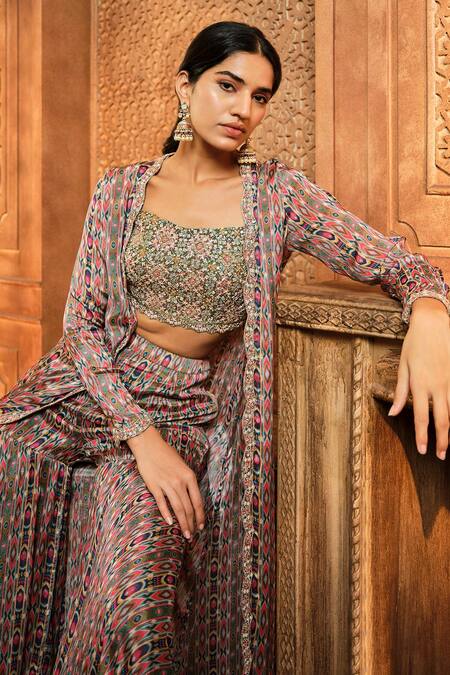 Aneesh Agarwaal Green Organza, Crepe Pearls, Beads, Cut Work Stripe Print Jacket Sharara Set Online at Aza Fashions Aneesh Agarwaal_Green Organza, Crepe Pearls, Beads, Cut Work Stripe Print Jacket Sharara Set _Online_at_Aza_Fashions