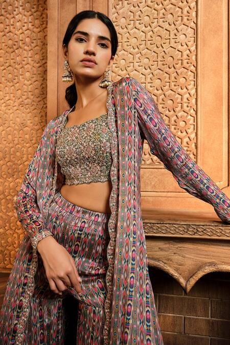 Buy Aneesh Agarwaal Green Organza, Crepe Pearls, Beads, Cut Work Stripe Print Jacket Sharara Set Online at Aza Fashions Buy_Aneesh Agarwaal_Green Organza, Crepe Pearls, Beads, Cut Work Stripe Print Jacket Sharara Set _Online_at_Aza_Fashions