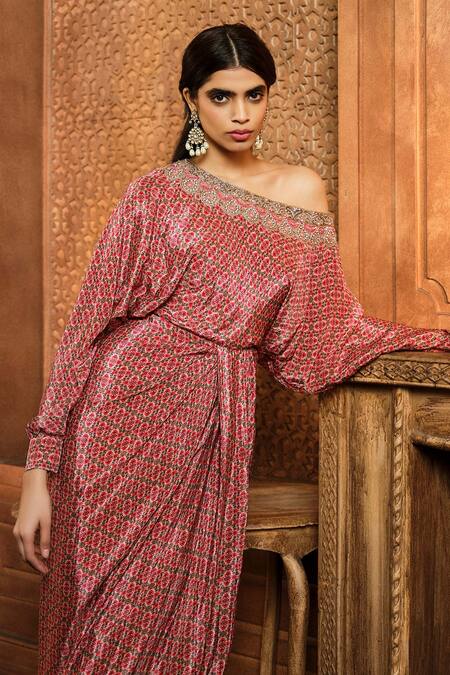 Aneesh Agarwaal Brown Crepe Sequins, Cut Work, Pearls Asymmetric Geometric Print Wrap Dress Online at Aza Fashions Aneesh Agarwaal_Brown Crepe Sequins, Cut Work, Pearls Asymmetric Geometric Print Wrap Dress _Online_at_Aza_Fashions