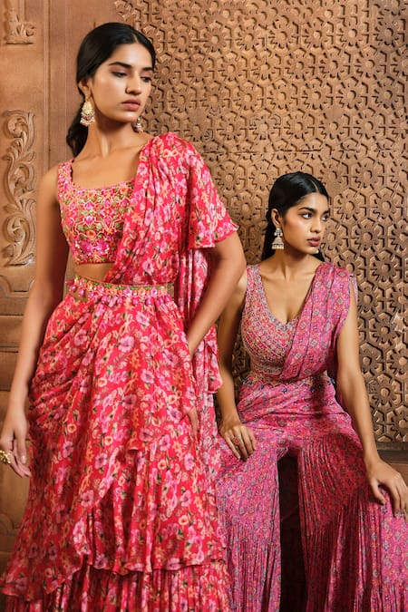 Aneesh Agarwaal_Red Chiffon, Organza Embroidery, Pre-draped Flower Vine Print Saree Blouse Set _Online_at_Aza_Fashions