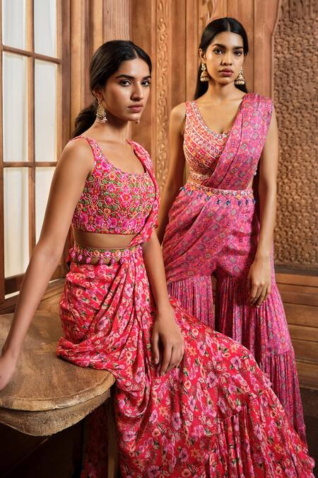 Shop Aneesh Agarwaal Pink Chiffon, Organza Pre-draped Flower Print Sharara Saree With Blouse Online at Aza Fashions Shop_Aneesh Agarwaal_Pink Chiffon, Organza Pre-draped Flower Print Sharara Saree With Blouse _Online_at_Aza_Fashions
