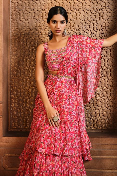 Shop_Aneesh Agarwaal_Red Chiffon, Organza Embroidery, Pre-draped Flower Vine Print Saree Blouse Set _Online_at_Aza_Fashions