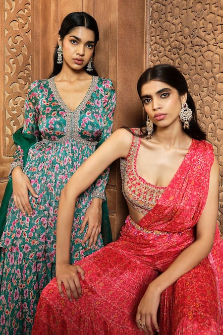 Shop_Aneesh Agarwaal_Red Chiffon, Organza Zari, Pre-draped Floral Print Sharara Saree Blouse Set _Online_at_Aza_Fashions