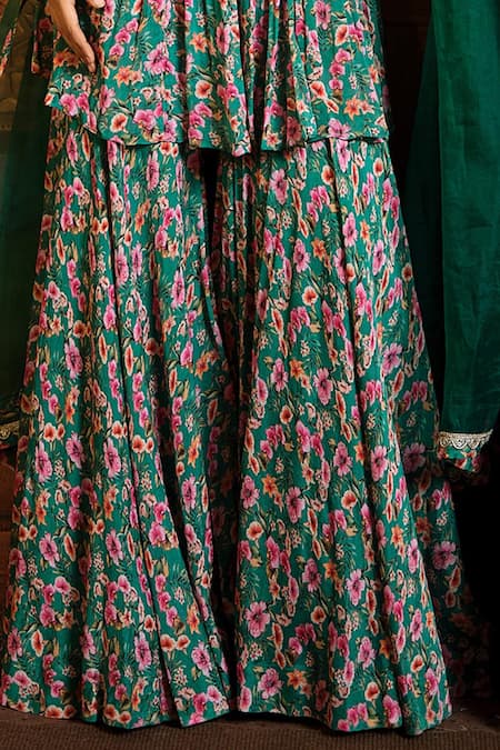 Aneesh Agarwaal Green Chiffon, Linen Embroidery V-neck Floral Bloom Print Kurta Sharara Set at Aza Fashions Aneesh Agarwaal_Green Chiffon, Linen Embroidery V-neck Floral Bloom Print Kurta Sharara Set _at_Aza_Fashions