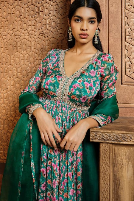 Buy Aneesh Agarwaal Green Chiffon, Linen Embroidery V-neck Floral Bloom Print Kurta Sharara Set Online at Aza Fashions Buy_Aneesh Agarwaal_Green Chiffon, Linen Embroidery V-neck Floral Bloom Print Kurta Sharara Set _Online_at_Aza_Fashions