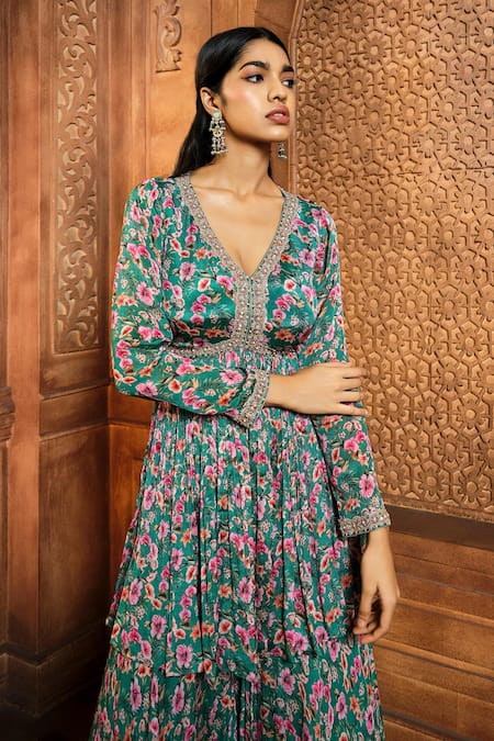 Shop Aneesh Agarwaal Green Chiffon, Linen Embroidery V-neck Floral Bloom Print Kurta Sharara Set Online at Aza Fashions Shop_Aneesh Agarwaal_Green Chiffon, Linen Embroidery V-neck Floral Bloom Print Kurta Sharara Set _Online_at_Aza_Fashions