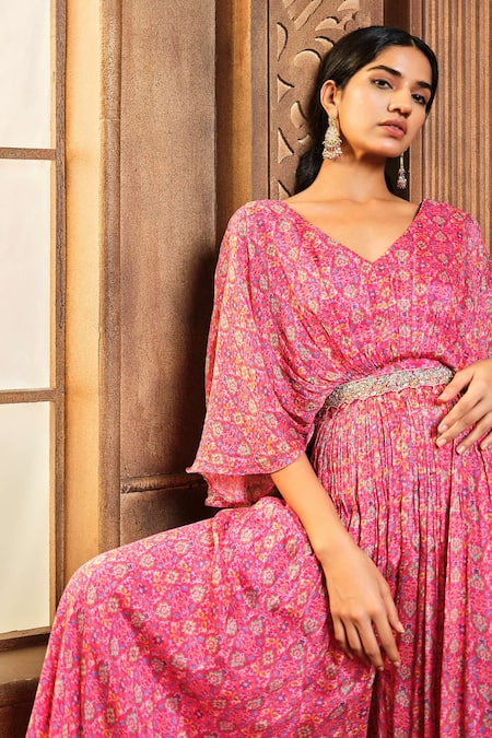 Aneesh Agarwaal_Pink Chiffon, Linen Zari, Embroidery V-neck Persian Print Jumpsuit With Belt _Online_at_Aza_Fashions