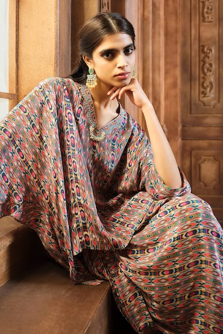 Aneesh Agarwaal_Green Crepe Mirrors, Pearls V-neck Tribal Print Kaftan Top And Dhoti Skirt Set _Online_at_Aza_Fashions