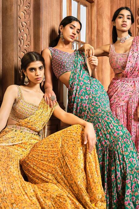 Buy Aneesh Agarwaal Green Chiffon, Organza Pre-draped Flower Bloom Print Saree With Blouse Online at Aza Fashions Buy_Aneesh Agarwaal_Green Chiffon, Organza Pre-draped Flower Bloom Print Saree With Blouse _Online_at_Aza_Fashions