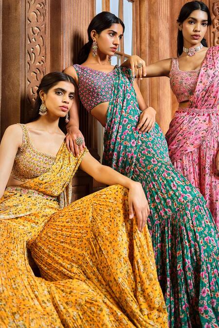 Shop Aneesh Agarwaal Green Chiffon, Organza Pre-draped Flower Bloom Print Saree With Blouse Online at Aza Fashions Shop_Aneesh Agarwaal_Green Chiffon, Organza Pre-draped Flower Bloom Print Saree With Blouse _Online_at_Aza_Fashions