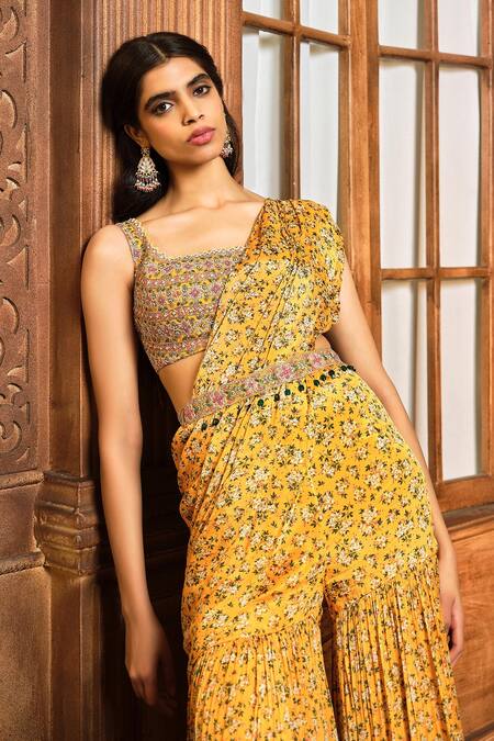 Aneesh Agarwaal_Yellow Chiffon, Organza, Pre-draped Floral Print Sharara Saree And Blouse Set _Online_at_Aza_Fashions