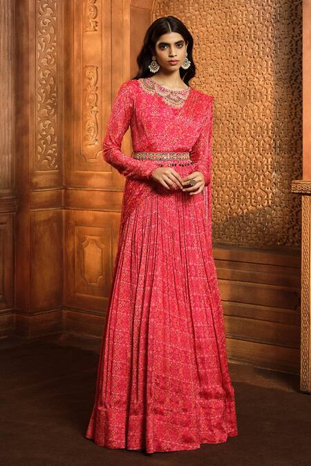 Aneesh Agarwaal Red Chiffon, Organza, Linen Embroidery, Mirrors Floral Print Draped Anarkali Online at Aza Fashions Aneesh Agarwaal_Red Chiffon, Organza, Linen Embroidery, Mirrors Floral Print Draped Anarkali _Online_at_Aza_Fashions