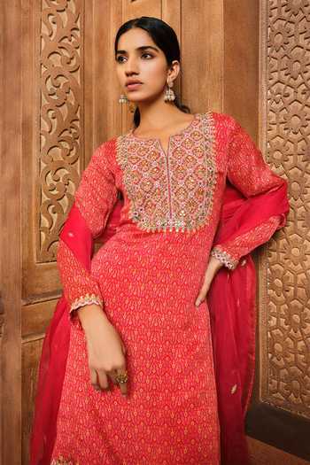 Aneesh Agarwaal_Red Chiffon, Organza Beads, Embroidery, Cut Work Ikat Print Kurta Sharara Set _Online_at_Aza_Fashions