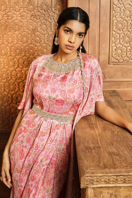 Aneesh Agarwaal Pink Embroidery Round Neck Paisley Print Cowl Jumpsuit With Cape Online at Aza Fashions Aneesh Agarwaal_Pink Embroidery Round Neck Paisley Print Cowl Jumpsuit With Cape _Online_at_Aza_Fashions