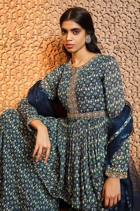 Aneesh Agarwaal Blue Chiffon, Organza, Linen Embroidery, Zari Round Ikat Print Kurta Sharara Set Online at Aza Fashions Aneesh Agarwaal_Blue Chiffon, Organza, Linen Embroidery, Zari Round Ikat Print Kurta Sharara Set _Online_at_Aza_Fashions