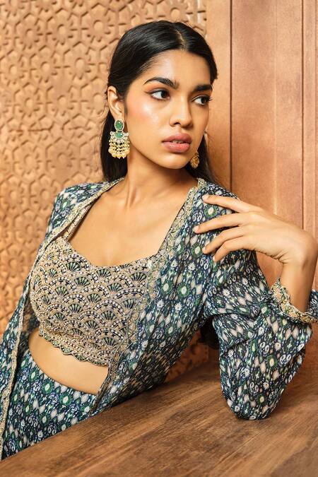 Aneesh Agarwaal Blue Chiffon, Organza Embroidery Sweetheart Ikat Print Zardozi Sharara Set Online at Aza Fashions Aneesh Agarwaal_Blue Chiffon, Organza Embroidery Sweetheart Ikat Print Zardozi Sharara Set _Online_at_Aza_Fashions