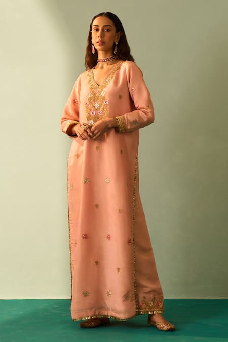 Angad Singh_Peach Tissue Embroidered Kasab V Neck Choga Palazzo Set _Online_at_Aza_Fashions