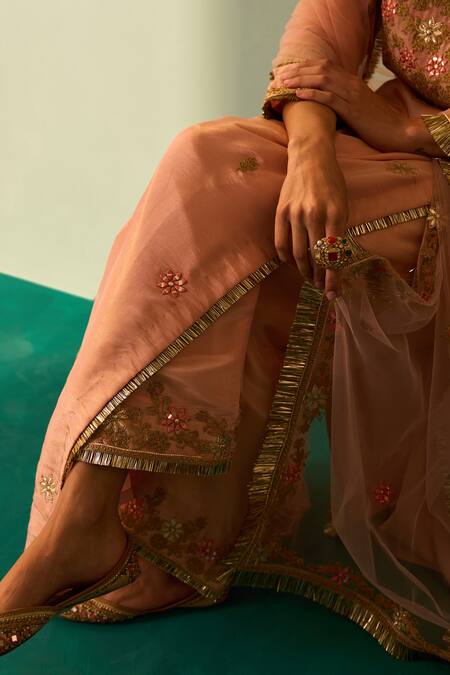 Angad Singh_Peach Tissue Embroidered Kasab V Neck Choga Palazzo Set _at_Aza_Fashions