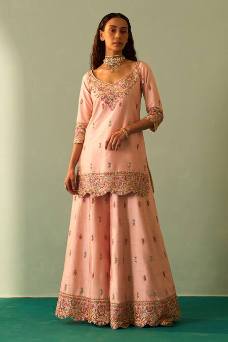 Angad Singh_Pink Silk, Crepe Embroidery, Sequins, Zari Floral Kurta Sharara Set _Online_at_Aza_Fashions