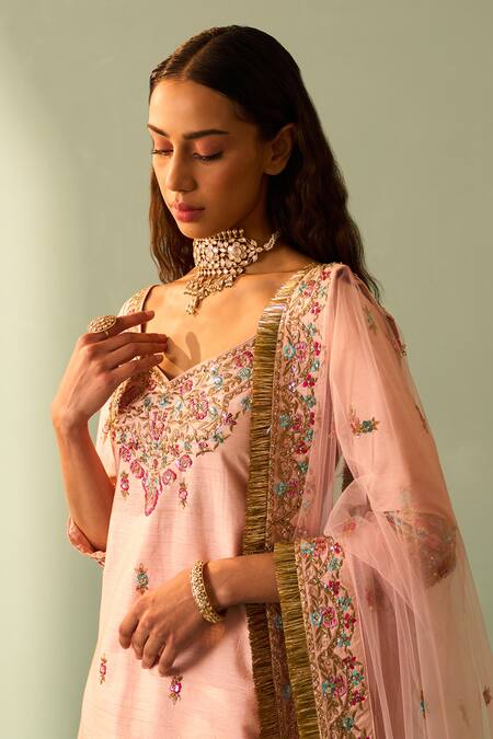 Angad Singh_Pink Silk, Crepe Embroidery, Sequins, Zari Floral Kurta Sharara Set _at_Aza_Fashions