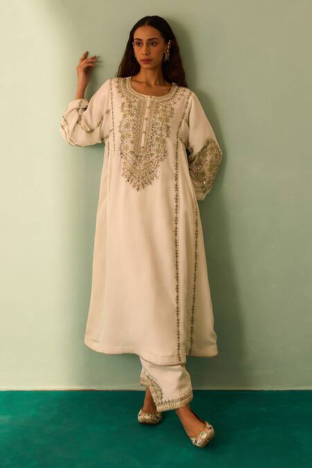 Buy_Angad Singh_Ivory Crepe Embroidery, Mirrors Round Neck Choga Pant Set _Online_at_Aza_Fashions
