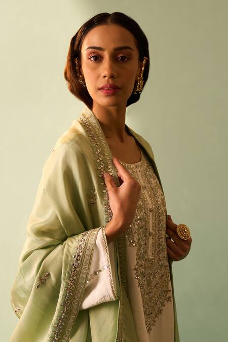 Shop_Angad Singh_Ivory Crepe Embroidery, Mirrors Round Neck Choga Pant Set _Online_at_Aza_Fashions
