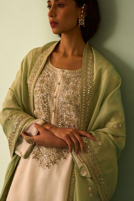 Angad Singh_Ivory Crepe Embroidery, Mirrors Round Neck Choga Pant Set _at_Aza_Fashions