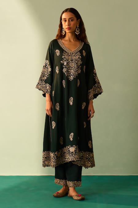 Angad Singh_Green Crepe, Chiffon Embroidery, Mirrors Round Neck Botanical Choga Pant Set _Online_at_Aza_Fashions