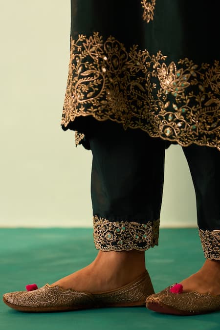 Buy_Angad Singh_Green Crepe, Chiffon Embroidery, Mirrors Round Neck Botanical Choga Pant Set _Online_at_Aza_Fashions