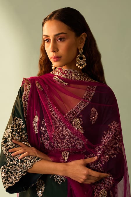 Shop_Angad Singh_Green Crepe, Chiffon Embroidery, Mirrors Round Neck Botanical Choga Pant Set _Online_at_Aza_Fashions