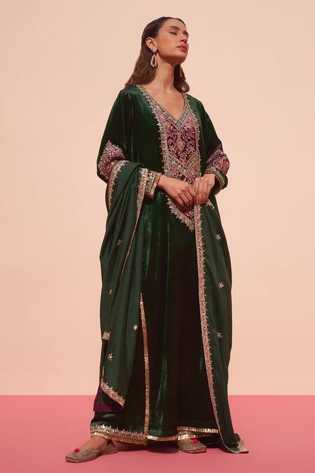 Angad Singh_Green Velvet, Crepe Embroidery, Zari, Patchwork V-neck Kurta Palazzo Set _at_Aza_Fashions