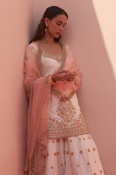 Shop_Angad Singh_Ivory Raw Silk Embroidered Zardozi Leaf Neck Kurta Sharara Set _Online_at_Aza_Fashions