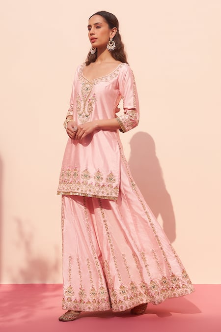 Buy_Angad Singh_Pink Silk, Crepe, Chiffon Embroidery, Zari Raw Floral Kurta Sharara Set _Online_at_Aza_Fashions