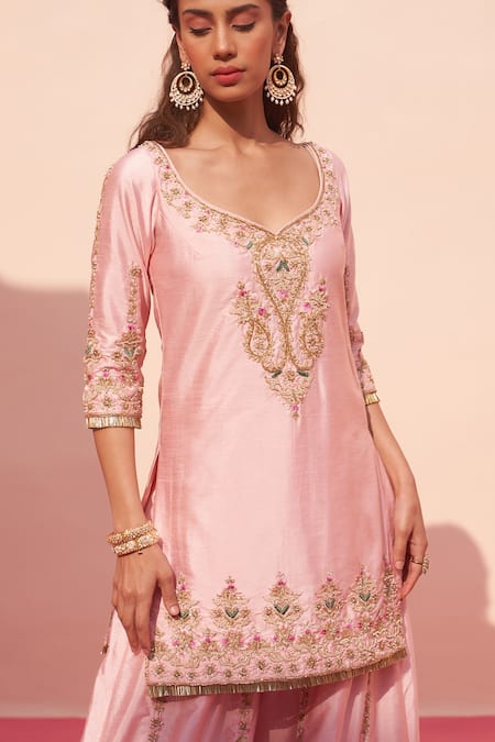 Shop_Angad Singh_Pink Silk, Crepe, Chiffon Embroidery, Zari Raw Floral Kurta Sharara Set _Online_at_Aza_Fashions