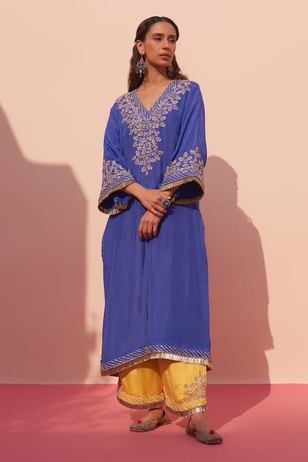 Buy_Angad Singh_Blue Crepe Embroidery V-neck Zardozi Choga And Palazzo Set _Online_at_Aza_Fashions
