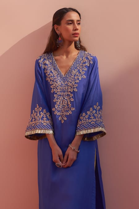Shop_Angad Singh_Blue Crepe Embroidery V-neck Zardozi Choga And Palazzo Set _Online_at_Aza_Fashions