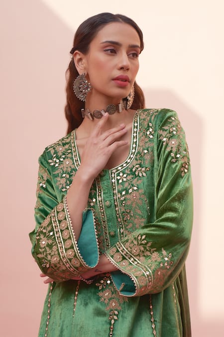 Buy_Angad Singh_Green Crepe Embroidery, Mirrors Velvet Floral Choga Salwar Set _Online_at_Aza_Fashions