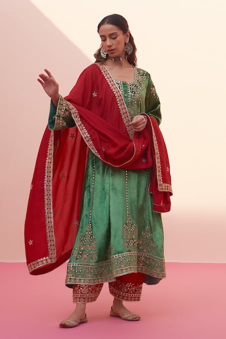 Shop_Angad Singh_Green Crepe Embroidery, Mirrors Velvet Floral Choga Salwar Set _Online_at_Aza_Fashions