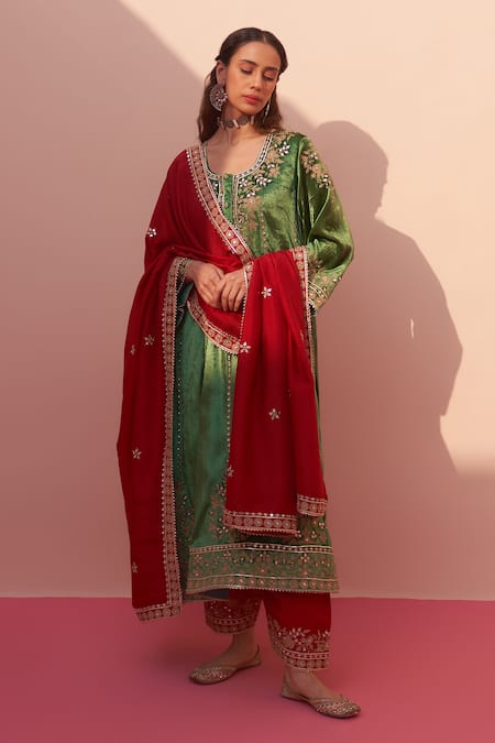 Angad Singh_Green Crepe Embroidery, Mirrors Velvet Floral Choga Salwar Set _at_Aza_Fashions