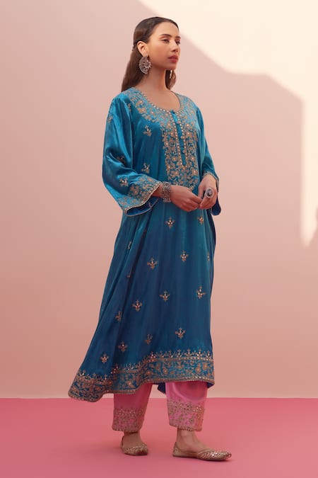 Buy_Angad Singh_Blue Velvet, Crepe Embroidery, Mirrors Round Neck Salwar Set _Online_at_Aza_Fashions