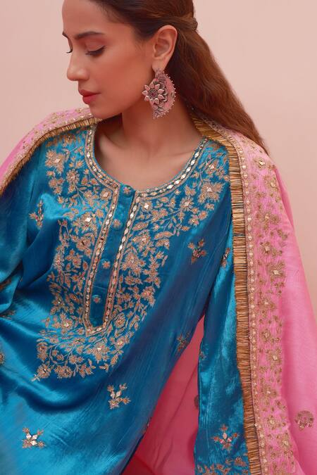 Angad Singh_Blue Velvet, Crepe Embroidery, Mirrors Round Neck Salwar Set _at_Aza_Fashions